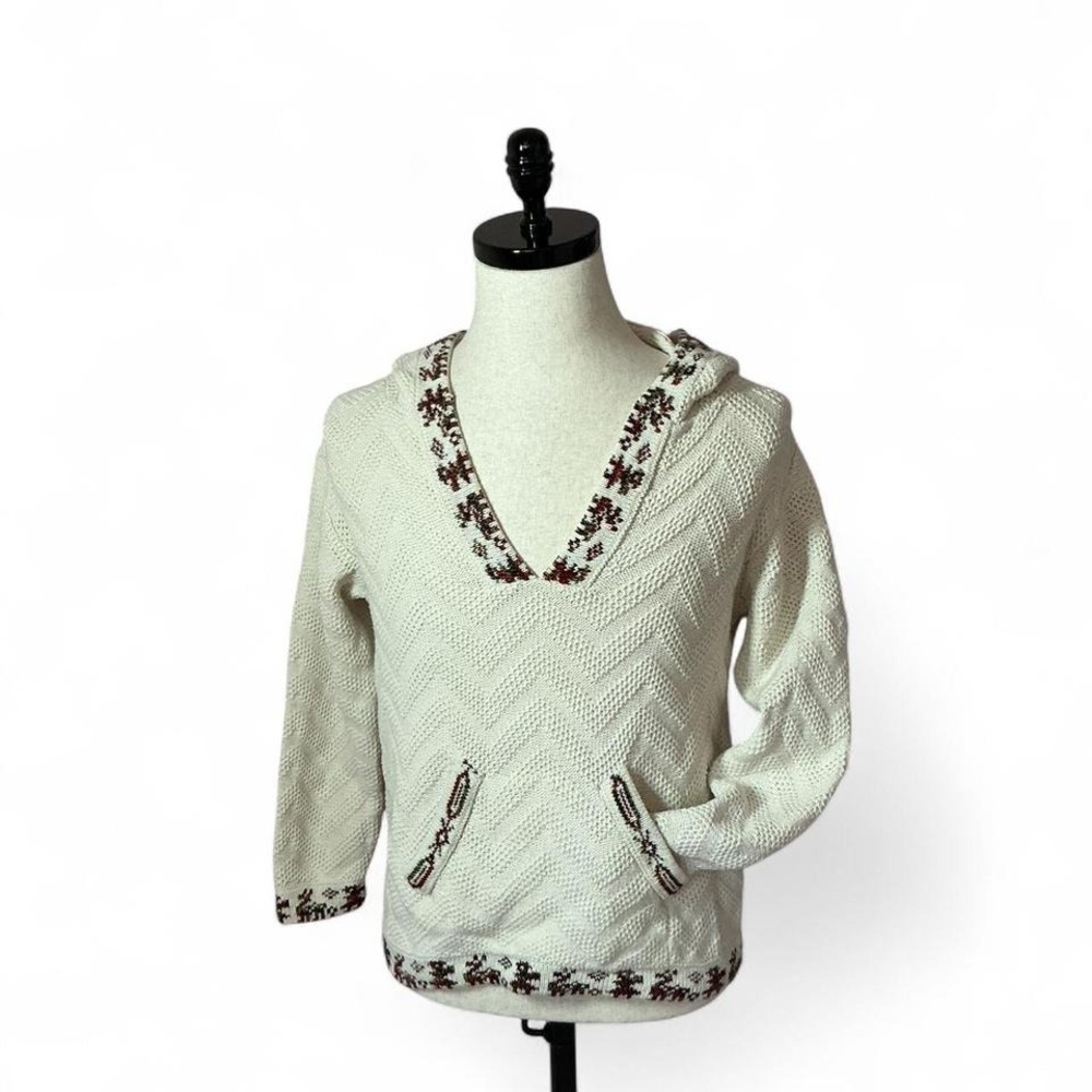 Hooded V Neck Pullover Sweater Embroidered Boho Chic Chevron Knit‎ Top